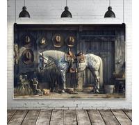 MIRRORANG 6x3m Western Cowboy Countryside Backdrop White Horse Harness Saddle Hats Sunshine Wooden House Retro Photography Background for Boys Men Birthday Party Home Wall Decoration Supplies