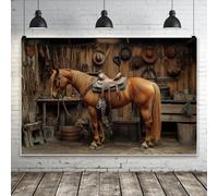 MIRRORANG 6x3m Western Wild Stable Rustic Backdrop Brown Horse Wooden House Harness Barn Hats Retro Photography Background for Boy Man Cowboy Theme Party Decoration Studio Supplies Props