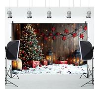 MIRRORANG 6x3m Winter Season Christmas Rustic Brown Wooden Backdrop Large Xmas Tree Lamp Snow Photography Background for New Year Holiday Home Party Decor Photo Studio Supplies Props