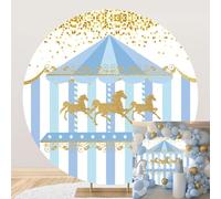 MIRRORANG Diameter 1m Blue Circus Theme Round Backdrops Golden Horse Amusement Park Carousel Photography Backgrounds Boys Girls Birthday Party Supplies Baby Shower Decorations, Polyester