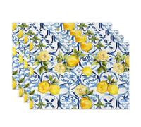MIRRORANG Lemon Pattern Blue Tiles Placemats Set of 4 45x30cm Fruit Floral Pattern Design Machine Washable Durable Place Mats for Kitchen Dining Room Tropical Themed Party Table Mats Home Decor