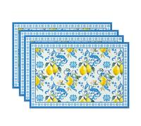 MIRRORANG Lemon Print Blue Tiles Placemats Set of 4 45x30cm Yellow Lemons White Blossoms Blue Floral Kitchen Table Mats for Coastal Summer Parties Table Mats Home Decor