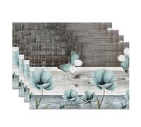 MIRRORANG Rustic Wooden Board Placemats Set of 4 45x30cm Gray and Green Floral and Butterfly Place Mats for Kitchen Dining Room Country Decor