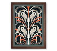 Mirrored Herons in Pattern Art Deco Framed Wall Art Print A3 (42×29.7cm) Walnut, Wall Decor for Living Room, Bedroom, Office & Home, Ready to Hang, Art Gift