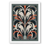 Mirrored Herons in Pattern Art Deco Framed Wall Art Print A4 (29.7×21cm) White, Wall Decor for Living Room, Bedroom, Office & Home, Ready to Hang, Art Gift