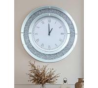 Mirrored Wall Clock Crushed Diamond: 60cm Aesthetic Look Sparkle Bling Crushed Diamond Inlay Hanging Clock Round Mirror Clock with Roman Numeral Decor Hallway Mirror for Living Room,Silver