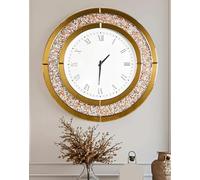 Mirrored Wall Clock Crushed Diamond: 60cm Sparkle Bling Crushed Diamond Inlay Hanging Clock Aesthetic Round Mirror Clock with Roman Numeral Decor Entryway Mirror for Living Room,Tawny Tinted