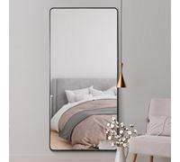 MirrorOutlet The Angulis - Black Modern Aluminium Curved Edged Wall Leaner Mirror 68" X 33" (174CM X 85CM) Silver Mirror Glass.