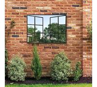 MirrorOutlet Kirkby - Black Brown Open Window Garden Wall Mirror 39" X 29" (100CM X 73CM) Silver Mirror Glass with Dark Distressed Black Brown Metal Frame.