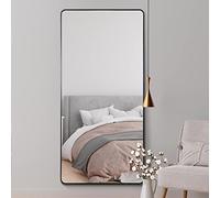 MirrorOutlet The Angulis - Black Modern Aluminium Curved Edged Wall Leaner Mirror 68" X 33" (174CM X 85CM) Silver Mirror Glass.