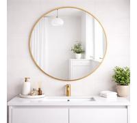 MirrorOutlet The Fenestra - Gold edged Modern Round Circular Wall Mirror 35" X 35" (90CM X 90CM) Silver Mirror Glass with Black Metal Frame