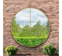 MirrorOutlet The Genestra - Gold Modern Circular Window Garden Wall Mirror 71" X 71" (180CM X 180CM). Silver Mirror Glass with Black Metal Frame. Frost Protected Glass