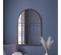 MirrorOutlet The Kirkby - Dark Metal Rustic Framed Decorative Arched Wall Mirror with Opening Doors 53" X 35" (135CM X 89CM max). Closed doors 35" X 28" (89cm X 70cm), Bronze