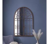 The Kirkby - Dark Metal Rustic Framed Decorative Arched Wall Mirror with Opening Doors 53" X 35" (135CM X 89CM max). Closed doors 35" X 28" (89cm X 70cm), Bronze
