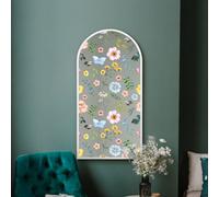 MirrorOutlet The Typis - White Metal Frame Edged Modern Round Arch Edge Wall Mirror With Colour Flower Printed Decal 47" x 24" (120CM X 60CM) Silver Mirror Glass with White Frame