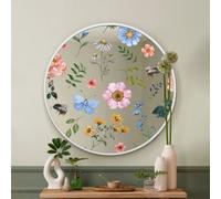 Mirroroutlet The Typis White Metal Edged Circular Wall Mirror With Colour Flower Decals 80Cm Diameter