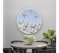 MirrorOutlet The Typis - White Metal Frame Edged Modern Round Circular Edge Garden Wall Mirror With Colour Stork Printed Decal 31"x31" (80CM X 80CM) Silver Mirror Glass with White Frame