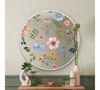 MirrorOutlet The Typis - White Metal Frame Edged Modern Round Circular Edge Wall Mirror With Colour Flower Printed Decal 31"x31" (80CM X 80CM) Silver Mirror Glass with White Frame