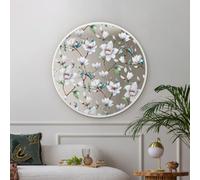 MirrorOutlet The Typis - White Metal Frame Edged Modern Round Circular Edge Wall Mirror With Flower Printed Decal 31"x31" (80CM X 80CM) Silver Mirror Glass with White Frame