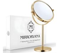 MIRRORVANA 10X Magnifying Makeup Mirror on Stand for Bedroom and Bathroom, Free Standing Desk & Table Mirror, Double Sided 10X/1X Magnification, 35cm Tall 18cm Wide (Gold)