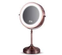 MIRRORVANA Lighted Make Up Mirror with 15X Magnification - 15X & 1X Double Sided LED Makeup Mirror with 3 Lighting Modes, Rechargeable Battery with USB Cable - 8" Wide & 15" Tall (Antique Bronze)