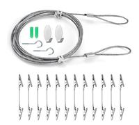 Mirrwin Picture Hanger with 12 Crocodile Clips, 1.5m Steel Wire Rope, Silver, Stainless Steel & Metal, Adhesive & Screw-In Hooks, Drywall, Wood, Metal
