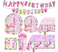 Miruwtog Dinosaur Birthday Party Supplies - Dinosaur Plates, Napkins, Tablecloth - Pink - 102 Count