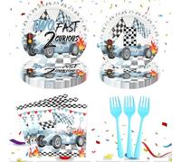 Miruwtog Race Car 2nd Birthday Party Paper Plates Napkins and disposable forks Two Fast Birthday Decrations Race Car Party Supplies Blue black Two Fast 2 Curious Birthday Decorations for Boy 2nd Bday
