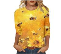 Mis Pedidos 2025 Summer Blouse for Women UK Casual 3/4 Sleeve Crewneck Tunic Tops Funny Bee Sunflower Print Shirts Dressy Trendy Plus Size Tshirts Comfy Loose Fit Tee Going Out Top
