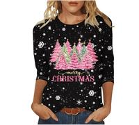 Mis Pedidos Ladies Christmas Tops UK 2024 Fashion Xmas Tree Gnome Red Wine Glass Snowflake Print Blouse Casual 3/4 Sleeve Round Neck Tunic Shirts Lightweight Going Out T-Shirts