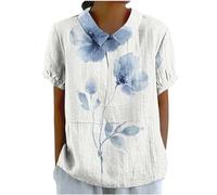 Mis Pedidos Linen Tops for Women UK Casual Short Sleeve Lapel Neck T-Shirts 2024 Fashion Geometric Floral Print Blouses Dressy Plus Size Shirts Ladies Elegant Keyhole Back Tee