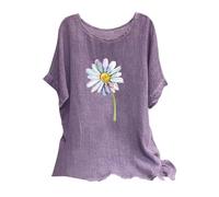 Mis Pedidos Linen Tops for Women UK Plus Size Shirts 2024 Summer Short Sleeve Crewneck Blouses Funny Daisy Dandelion Butterfly Print T-Shirts Ladies Elegant Loose Fit Cheesecloth Clothes