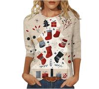 Mis Pedidos Merry Christmas Tops for Women 2024 Casual Crew Neck 3/4 Sleeve Tunic Shirts Funny Xmas Tree Snowflake Santa Print Tshirts Dressy Trendy Lightweight Loose Fit Blouse