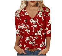 Mis Pedidos Women Fashion Tops UK Casual 3/4 Sleeve V Neck Shirts 2024 Summer Floral Print Blouses Dressy Comfy Tunic Tops Ladies Elegant Going Out T-Shirts Loose Fit Tee
