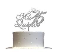 Mis Quince 15 Quinceanera Glitter Cake Topper, Fifteen Birthday Party Decorations Ideas, Premium Quality Decoration, Sturdy Doubled Sided Glitter, Acrylic Stick. Made in USA (Silver)