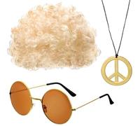 Misaakoeq Hippie Costume Set,Moustache And Peace Sign Necklace Afro Wig Sunglasses Funky Afro Wig Disco Hippie Costume 70s/ 80s Hippy Fancy Dress Accessories,Pop Hippie 70s Disco Fever Hair