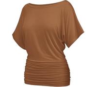 Misakia Womens Ruched Tops Casual T Shirts Dolman Short Sleeve Shirts Boat Neck Summer Off Shoulder Batwing Tops 2026, Light Brown, L