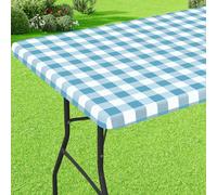 misaya Buffalo Rectangle Picnic Tablecloth, 4 Foot Elastic Fitted Vinyl Table Cloth with Flannel Backing, Waterproof Plaid Table Covers for Dining, Camping, Outdoor (Aqua and White, 24" x 48")