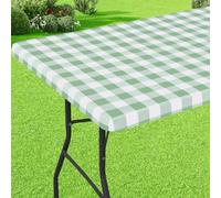 misaya Buffalo Rectangle Picnic Tablecloth, 4 Foot Elastic Fitted Vinyl Table Cloth with Flannel Backing, Waterproof Plaid Table Covers for Dining, Camping, Outdoor (Sage Green and White, 24" x 48")