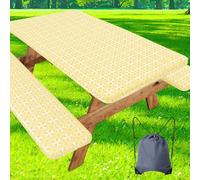 misaya Picnic Table Cover with Bench Covers, Elastic Waterproof Windproof Camping Essentials Tablecloth with Drawstring Bag, Fitted Rectangle Tables and Benches（Yellow, 30"x 72"
