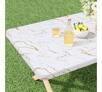 misaya Rectangle Vinyl Flannel Backed Tablecloth, Elastic Waterproof Fitted Table Cover, Plastic Table Cloth Fit 5 Foot Folding Tables for Picnic, Camping, Outdoor (White Gold Marble, 30x60 inch)