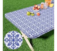 misaya Rectangle Vinyl Table Cloth, Elastic Fitted Flannel Backed Tablecloth, 100% Waterproof Plastic Table Cover Fits 6 Foot Folding Tables for Picnic, Camping, Outdoor (Blue, 30" x 72")