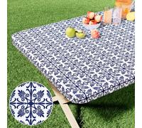 misaya Rectangle Vinyl Table Cloth, Elastic Fitted Flannel Backed Tablecloth, 100% Waterproof Plastic Table Cover Fits 6 Foot Folding Tables for Picnic, Camping, Outdoor (Navy Blue, 30" x 72")