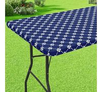 misaya Rectangle Vinyl Table Cloth, Elastic Fitted Tablecloth with Flannel Backing, Waterproof Plastic Table Cover Fits 6 Foot Folding Tables for Camping, Indoor and Outdoor (Navy, 30" x 72")