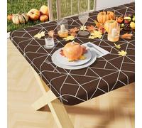 misaya Rectangle Vinyl Tablecloth, 6 Foot Elastic Fitted Table Cover with Flannel Backing, 100% Waterproof Plastic Table Cloth for Picnic, Camping, Outdoor (Coffee and White, 30x72 inch)