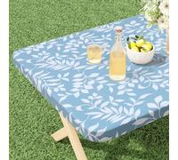 misaya Rectangle Vinyl Tablecloth, Fitted Table Cover, 100% Waterproof, Elastic Edge, Flannel Backing, Plastic Table Cloth Fit Folding Tables for Picnic, Outdoor (Blue Leaves, 36x72 inch)