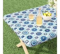 misaya Rectangle Vinyl Tablecloth, Fitted Table Cover, 100% Waterproof, Elastic Edge, Flannel Backing, Table Cloth Fit Folding Tables for Picnic, Outdoor (Navy Mandala, 36x60 inch)
