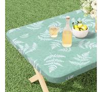 misaya Rectangle Vinyl Tablecloth, Fitted Table Cover, 100% Waterproof, Elastic Edge, Plastic Table Cloth Fit Folding Tables for Picnic, Camping, Outdoor (Light Green Leaves, 36x72 inch)