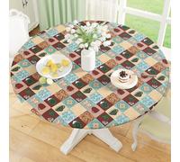 misaya Round Fitted Tablecloth with Elastic Edge, 100% Waterproof Oil Proof Plastic Table Cover, Vinyl Flannel Backed Tablecloth Fits 36"-44" Round Tables for Dinner, Outdoor, Picnic, Patterned Cups