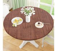misaya Round Fitted Tablecloth with Elastic Edge, 100% Waterproof Oil Proof Plastic Table Cover, Vinyl Flannel Backed Tablecloth Fits 45"-56" Round Tables for Dinner, Outdoor, Picnic, Oak Wooden Grain